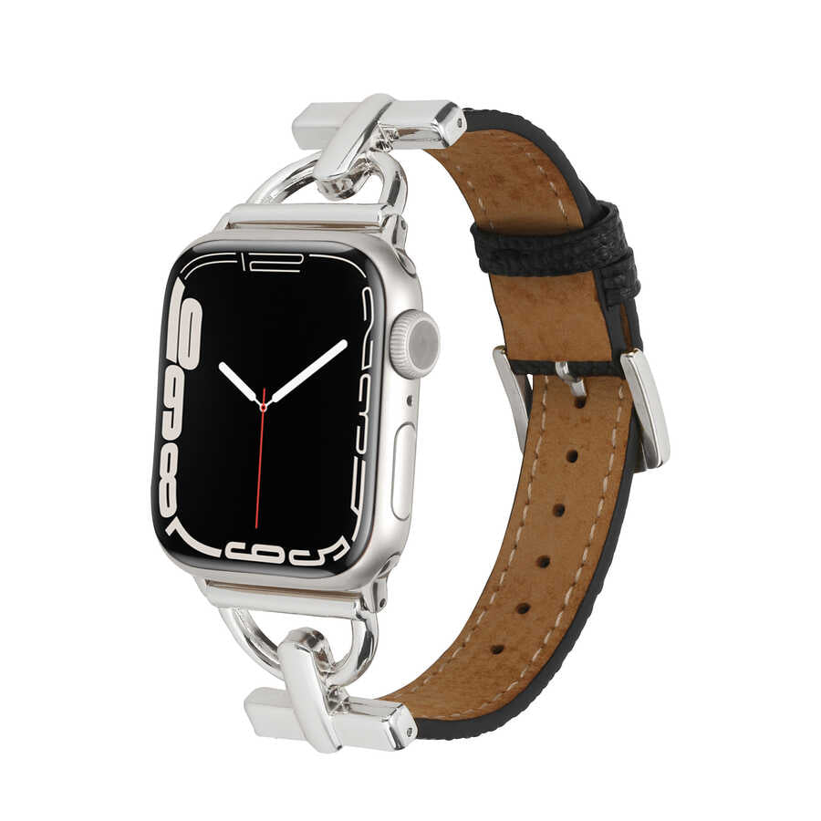 Apple Watch 7 45mm KRD-53 Deri Kordon Siyah-Gümüş