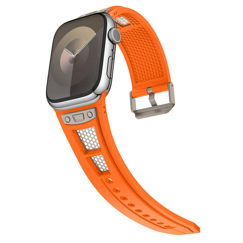 Apple Watch 7 45mm Zore KRD-117 Hava Alabilen Delikli Metal Süslemeli Desenli Silikon Kordon Titanyum-Starlight