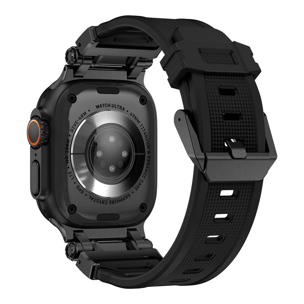 Apple Watch Ultra 49mm Zore KRD-101 Titanyum Metal Başlıklı Silikon Kordon Siyah-Yeşil