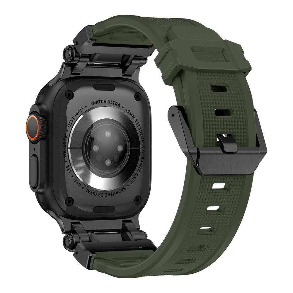 Apple Watch Ultra 49mm Zore KRD-101 Titanyum Metal Başlıklı Silikon Kordon Siyah-Yeşil