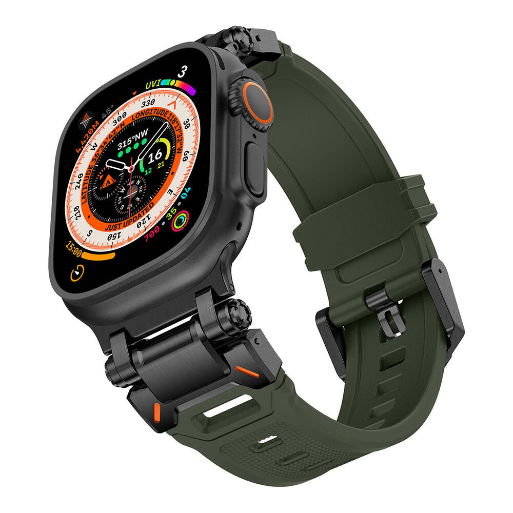 Apple Watch Ultra 49mm Zore KRD-101 Titanyum Metal Başlıklı Silikon Kordon Siyah-Yeşil