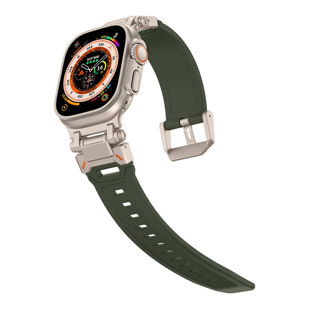 Apple Watch Ultra 49mm Zore KRD-101 Titanyum Metal Başlıklı Silikon Kordon Siyah-Yeşil