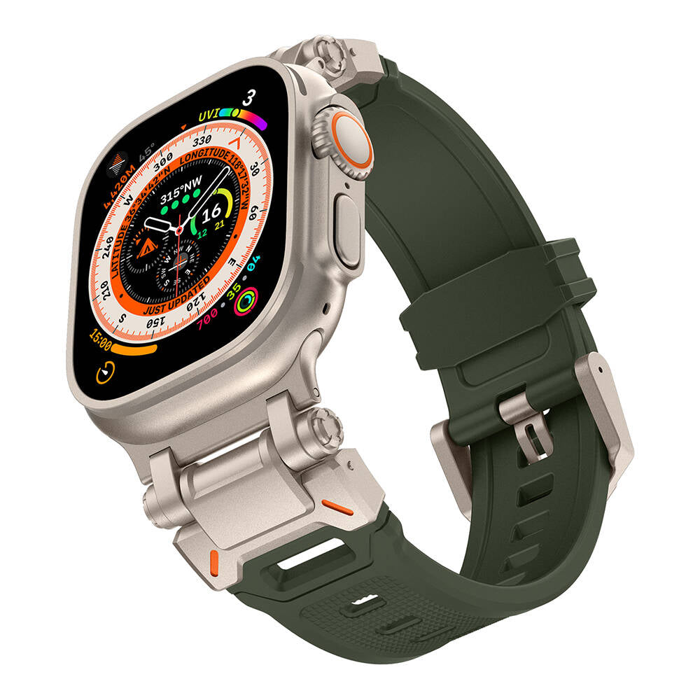 Apple Watch Ultra 49mm Zore KRD-101 Titanyum Metal Başlıklı Silikon Kordon Siyah-Yeşil