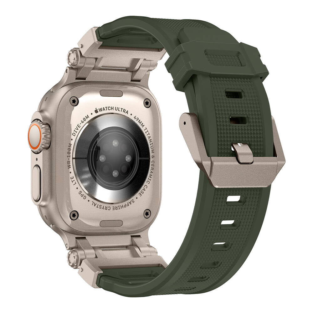 Apple Watch Ultra 49mm Zore KRD-101 Titanyum Metal Başlıklı Silikon Kordon Siyah-Yeşil