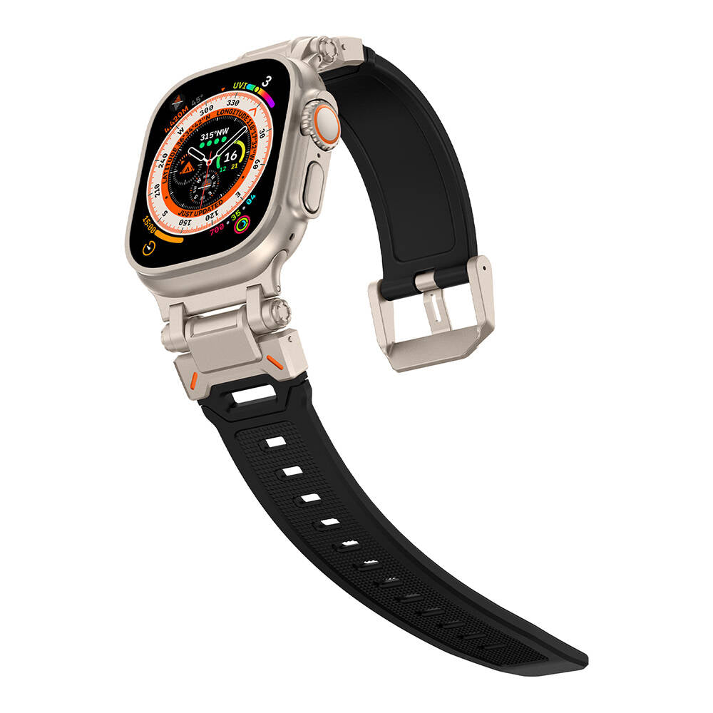Apple Watch Ultra 49mm Zore KRD-101 Titanyum Metal Başlıklı Silikon Kordon Siyah-Yeşil