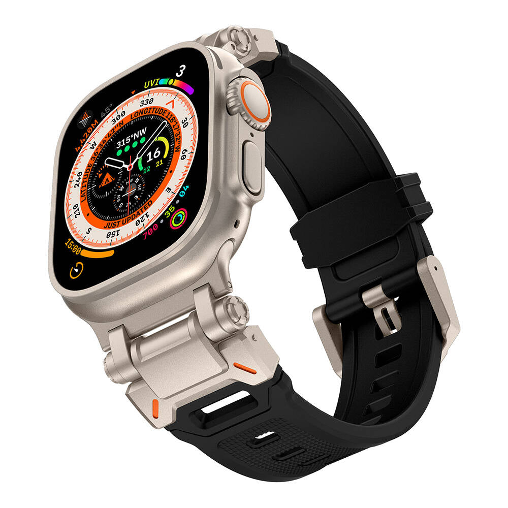 Apple Watch Ultra 49mm Zore KRD-101 Titanyum Metal Başlıklı Silikon Kordon Siyah-Yeşil
