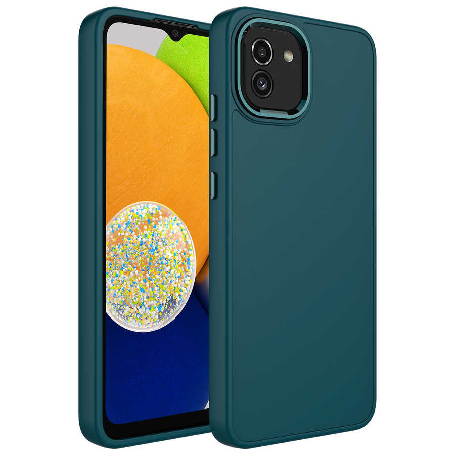 Galaxy A03 Kılıf Metal Çerçeve ve Buton Tasarımlı Silikon Zore Luna Kapak Koyu Yeşil