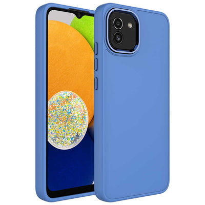 Galaxy A03 Kılıf Metal Çerçeve ve Buton Tasarımlı Silikon Zore Luna Kapak Lavendery Gray