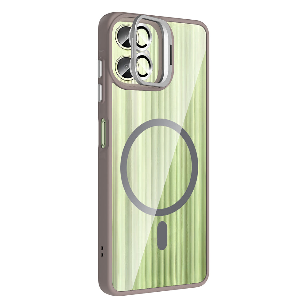 Galaxy A06 Kılıf Standlı ve Kamera Lens Hediyeli M-Safe Şarj Özellikli Zore Etro Kapak Gri