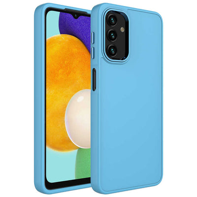 Galaxy A13 4G Kılıf Metal Çerçeve ve Buton Tasarımlı Silikon Zore Luna Kapak Sierra Mavi