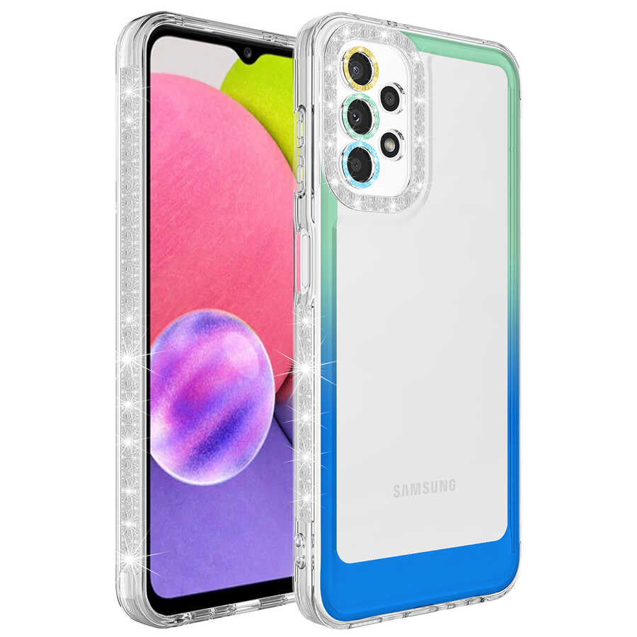 Galaxy A23 Kılıf Simli ve Renk Geçiş Tasarımlı Lens Korumalı Zore Park Kapak Yeşil-Mavi