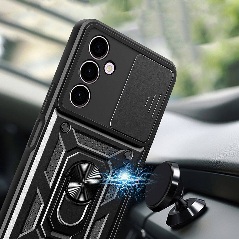 Galaxy A24 Kılıf Magnetik Standlı Kamera Korumalı Zore Sürgülü Vega Kapak Siyah