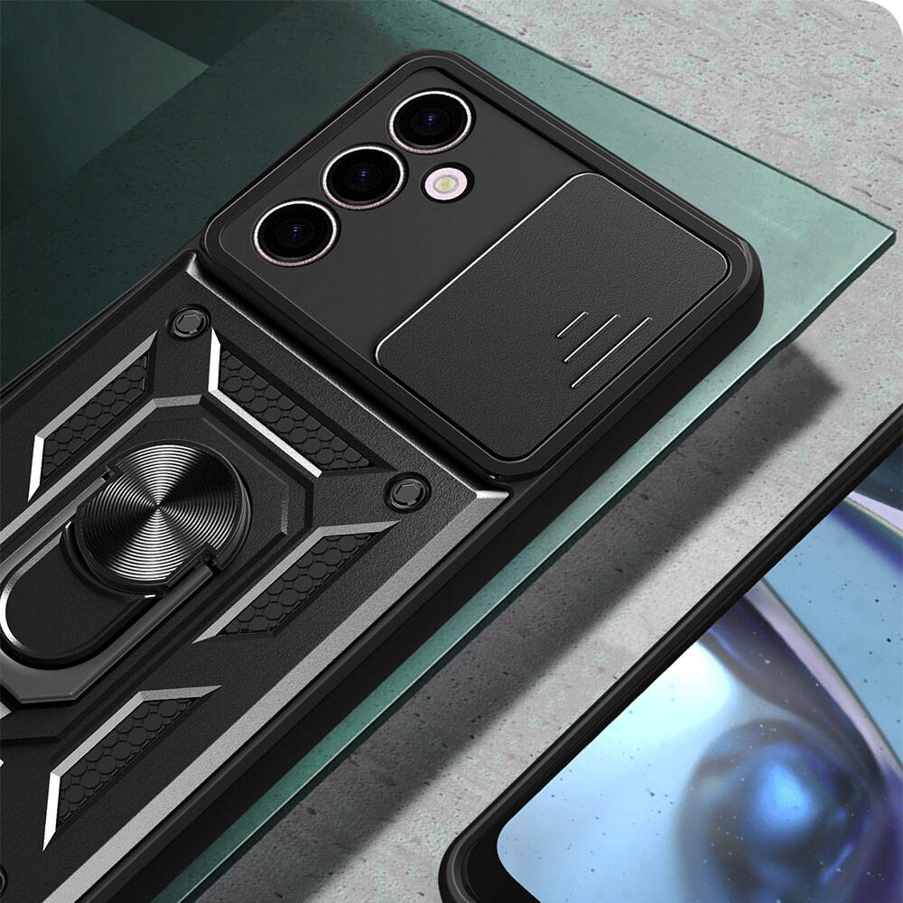 Galaxy A24 Kılıf Magnetik Standlı Kamera Korumalı Zore Sürgülü Vega Kapak Siyah