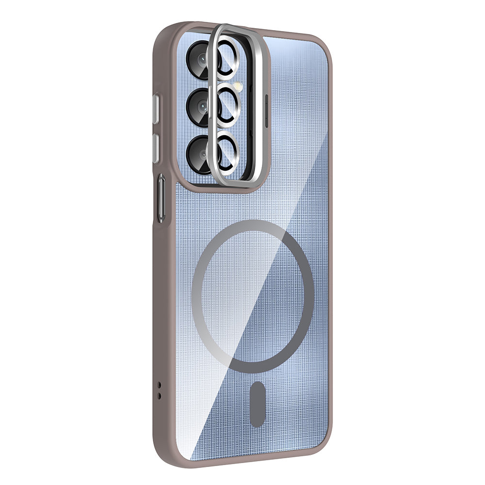 Galaxy A25 Kılıf Standlı ve Kamera Lens Hediyeli M-Safe Şarj Özellikli Zore Etro Kapak Derin Mor