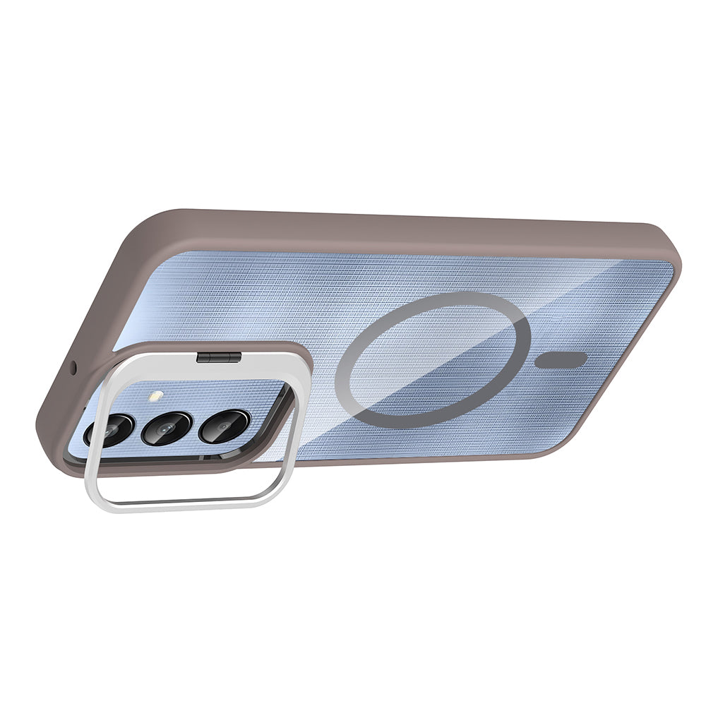 Galaxy A26 Kılıf Standlı ve Kamera Lens Hediyeli M-Safe Şarj Özellikli Zore Etro Kapak Gri