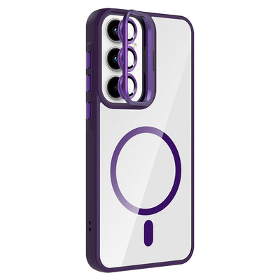 Galaxy A35 Kılıf Standlı ve Kamera Lens Hediyeli M-Safe Şarj Özellikli Zore Etro Kapak Lacivert