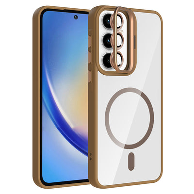 Galaxy A35 Kılıf Standlı ve Kamera Lens Hediyeli M-Safe Şarj Özellikli Zore Etro Kapak Derin Mor