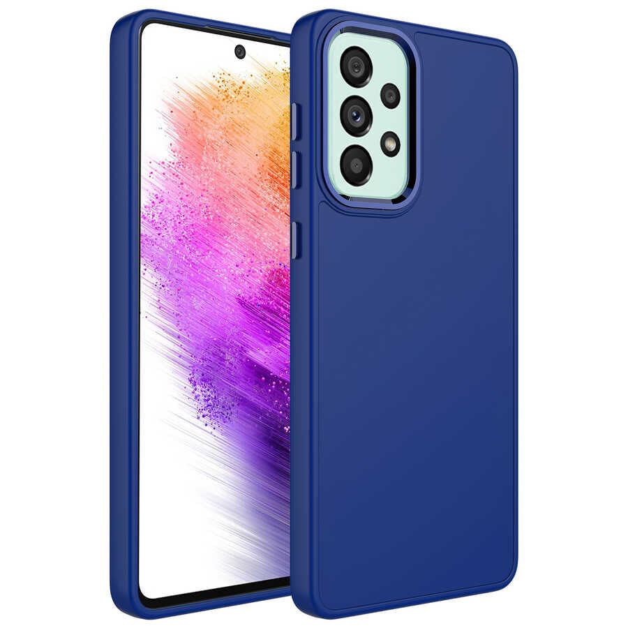 Galaxy A52 Kılıf Metal Çerçeve ve Buton Tasarımlı Silikon Zore Luna Kapak Lacivert