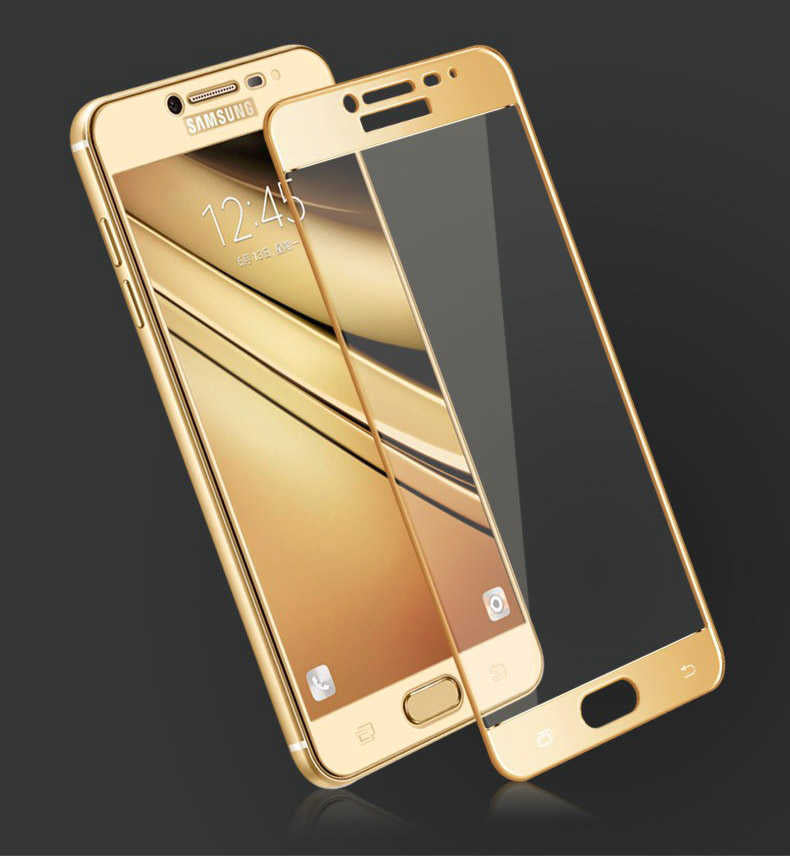 Galaxy C7 Pro Zore Ekranı Tam Kaplayan Düz Cam Koruyucu Gold
