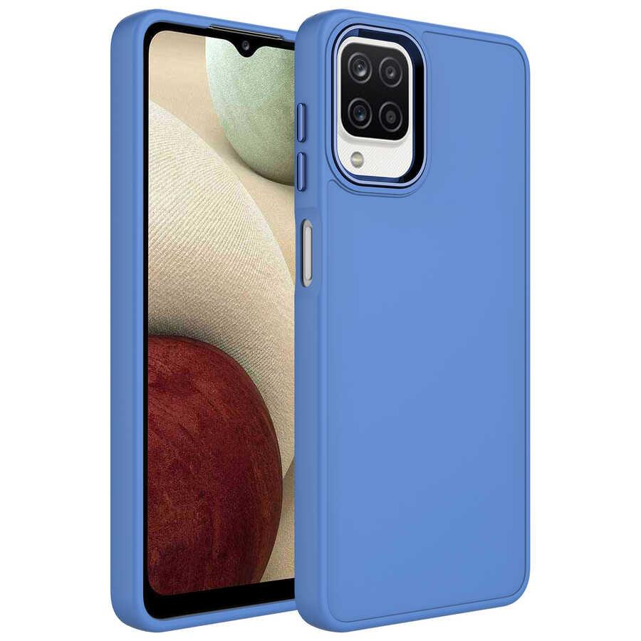 Galaxy M22 Kılıf Metal Çerçeve ve Buton Tasarımlı Silikon Zore Luna Kapak Lavendery Gray