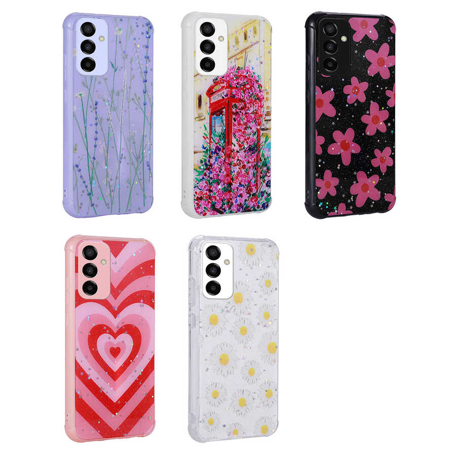 Galaxy M23 Kılıf Simli Desenli Kamera Korumalı Parlak Zore Popy Kapak Kulübe