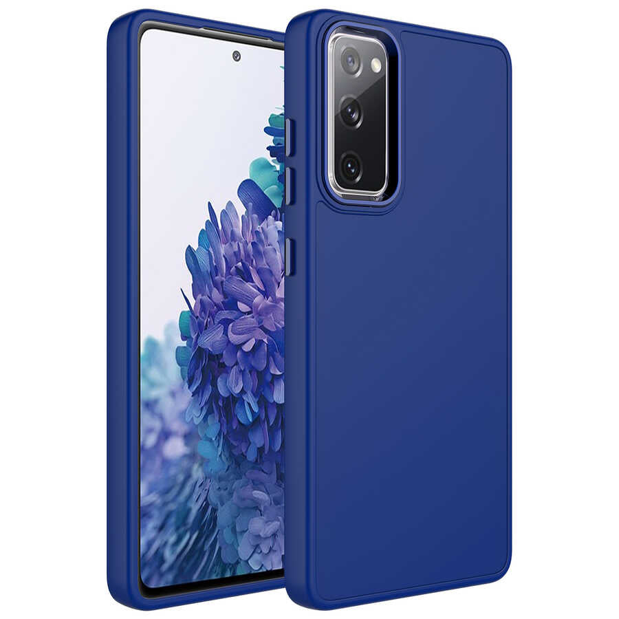 Galaxy S20 FE Kılıf Metal Çerçeve ve Buton Tasarımlı Silikon Zore Luna Kapak Lacivert