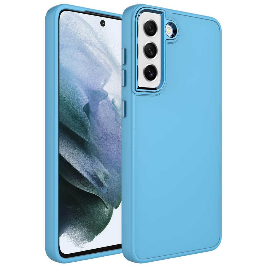 Galaxy S21 FE Kılıf Metal Çerçeve ve Buton Tasarımlı Silikon Zore Luna Kapak Pembe