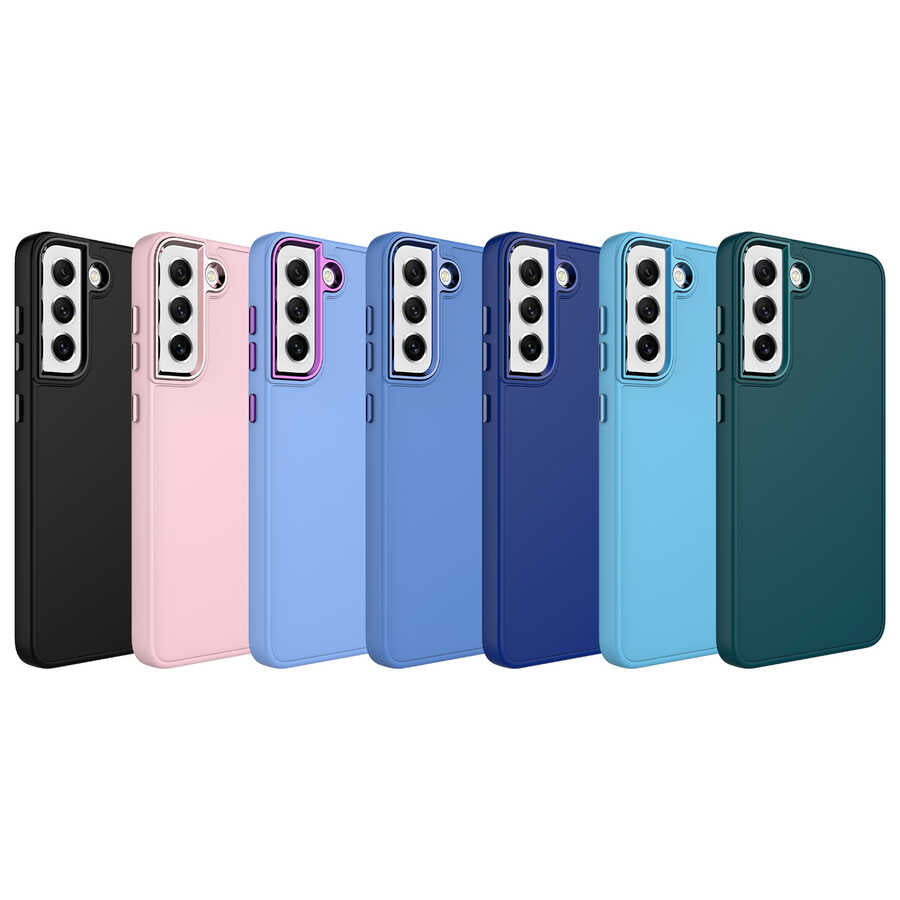 Galaxy S21 FE Kılıf Metal Çerçeve ve Buton Tasarımlı Silikon Zore Luna Kapak Sierra Mavi