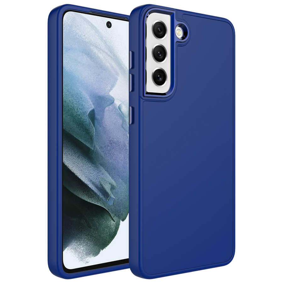 Galaxy S21 FE Kılıf Metal Çerçeve ve Buton Tasarımlı Silikon Zore Luna Kapak Lacivert