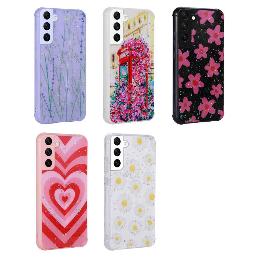 Galaxy S21 FE Kılıf Simli Desenli Kamera Korumalı Parlak Zore Popy Kapak Kalp