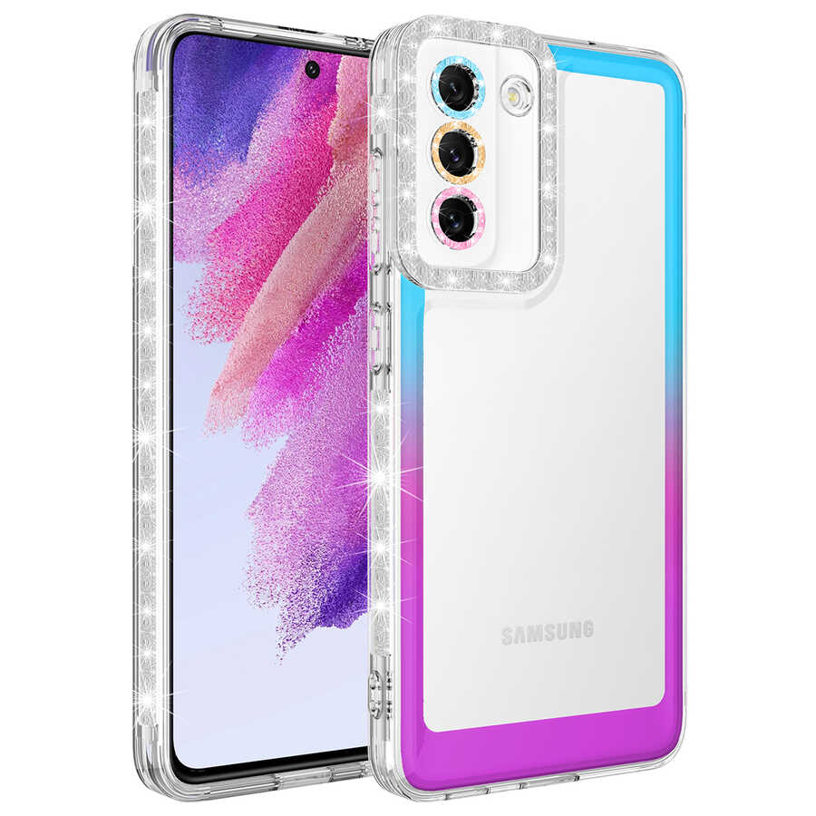 Galaxy S21 FE Kılıf Simli ve Renk Geçiş Tasarımlı Lens Korumalı Zore Park Kapak Mor-Pembe