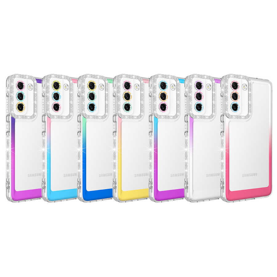 Galaxy S21 FE Kılıf Simli ve Renk Geçiş Tasarımlı Lens Korumalı Zore Park Kapak Pembe-Mavi