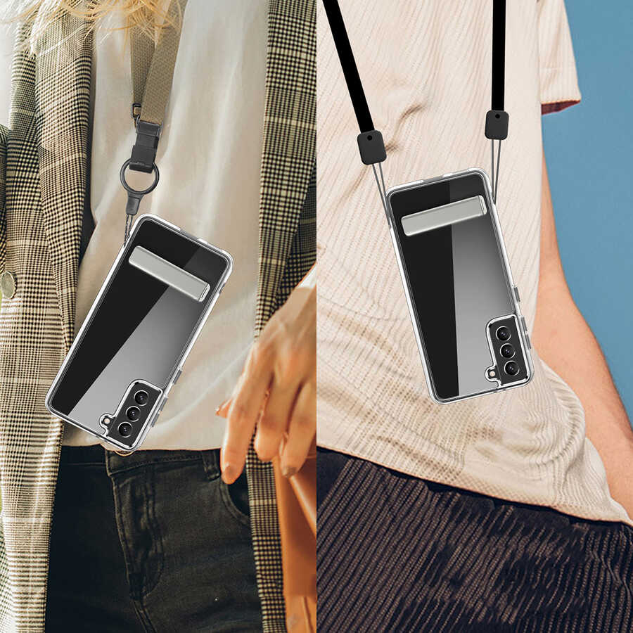 Galaxy S21 FE Kılıf Standlı Şeffaf Silikon Zore L-Stand Kapak Renksiz