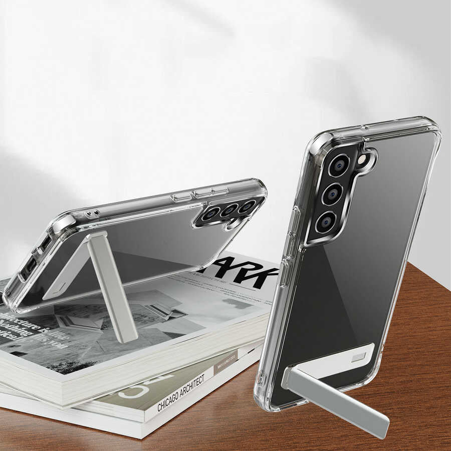Galaxy S21 FE Kılıf Standlı Şeffaf Silikon Zore L-Stand Kapak Renksiz