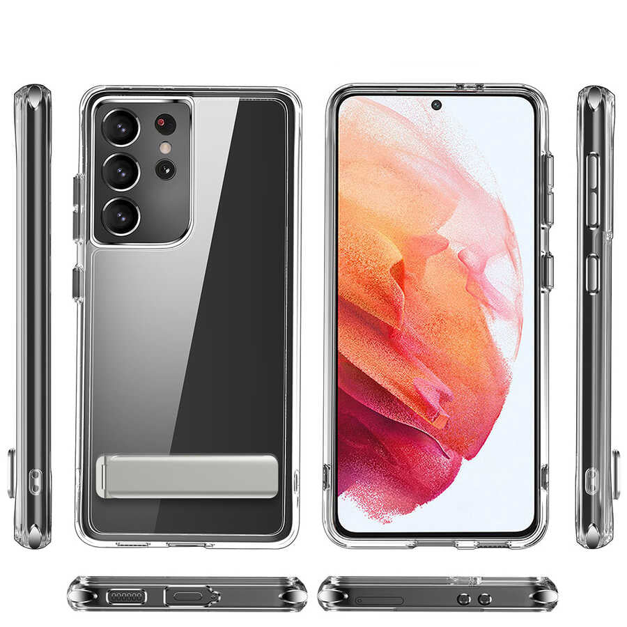 Galaxy S21 Ultra Kılıf Standlı Şeffaf Silikon Zore L-Stand Kapak Renksiz