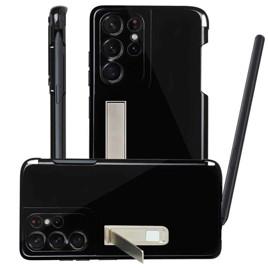 Galaxy S21 Ultra Kılıf Zore Kalem Bölmeli Standlı Süper Silikon Kapak Siyah