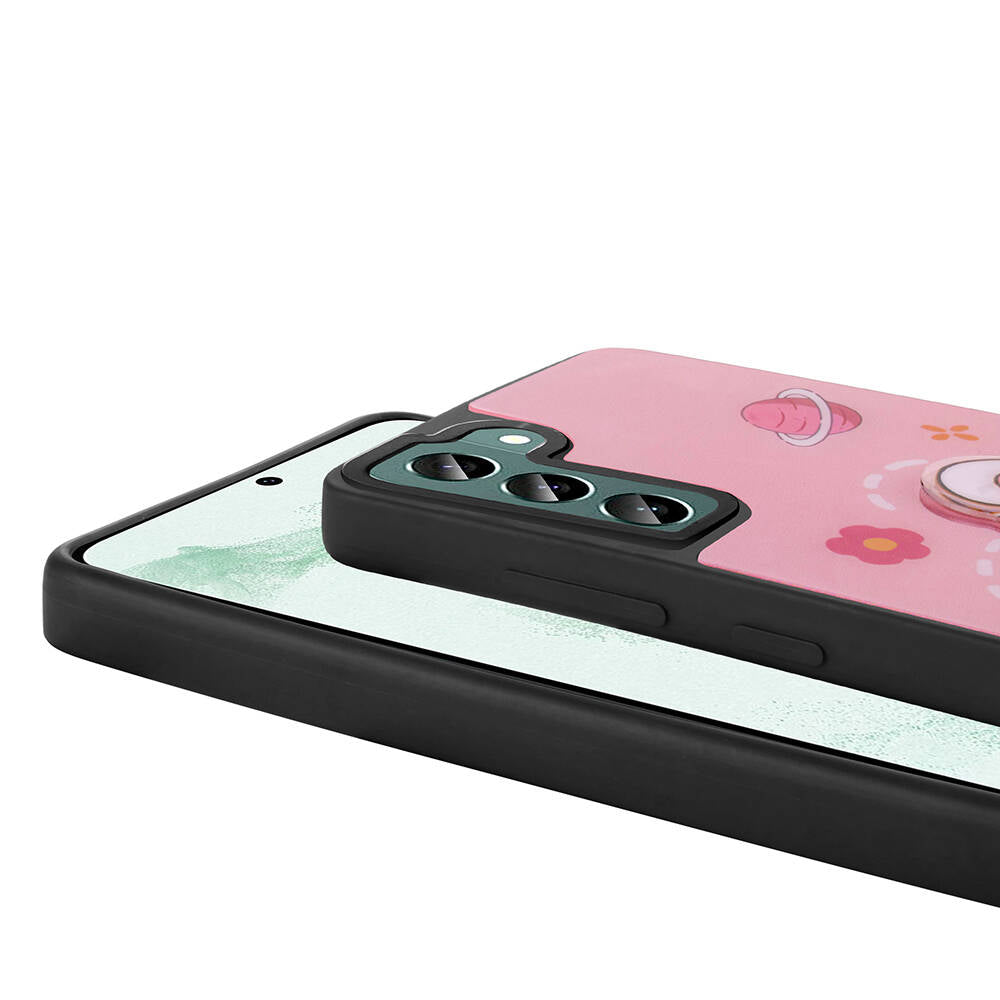 Galaxy S22 Kılıf Parlayan Kabartmalı İkonik Figürlü Zore Amas Silikon Kapak Pembe