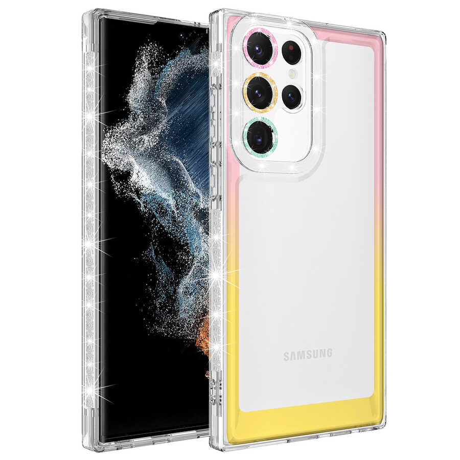 Galaxy S22 Ultra Kılıf Simli ve Renk Geçiş Tasarımlı Lens Korumalı Zore Park Kapak Yeşil-Mavi