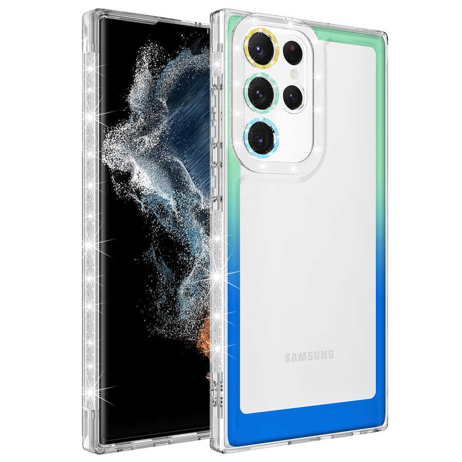 Galaxy S22 Ultra Kılıf Simli ve Renk Geçiş Tasarımlı Lens Korumalı Zore Park Kapak Yeşil-Mavi