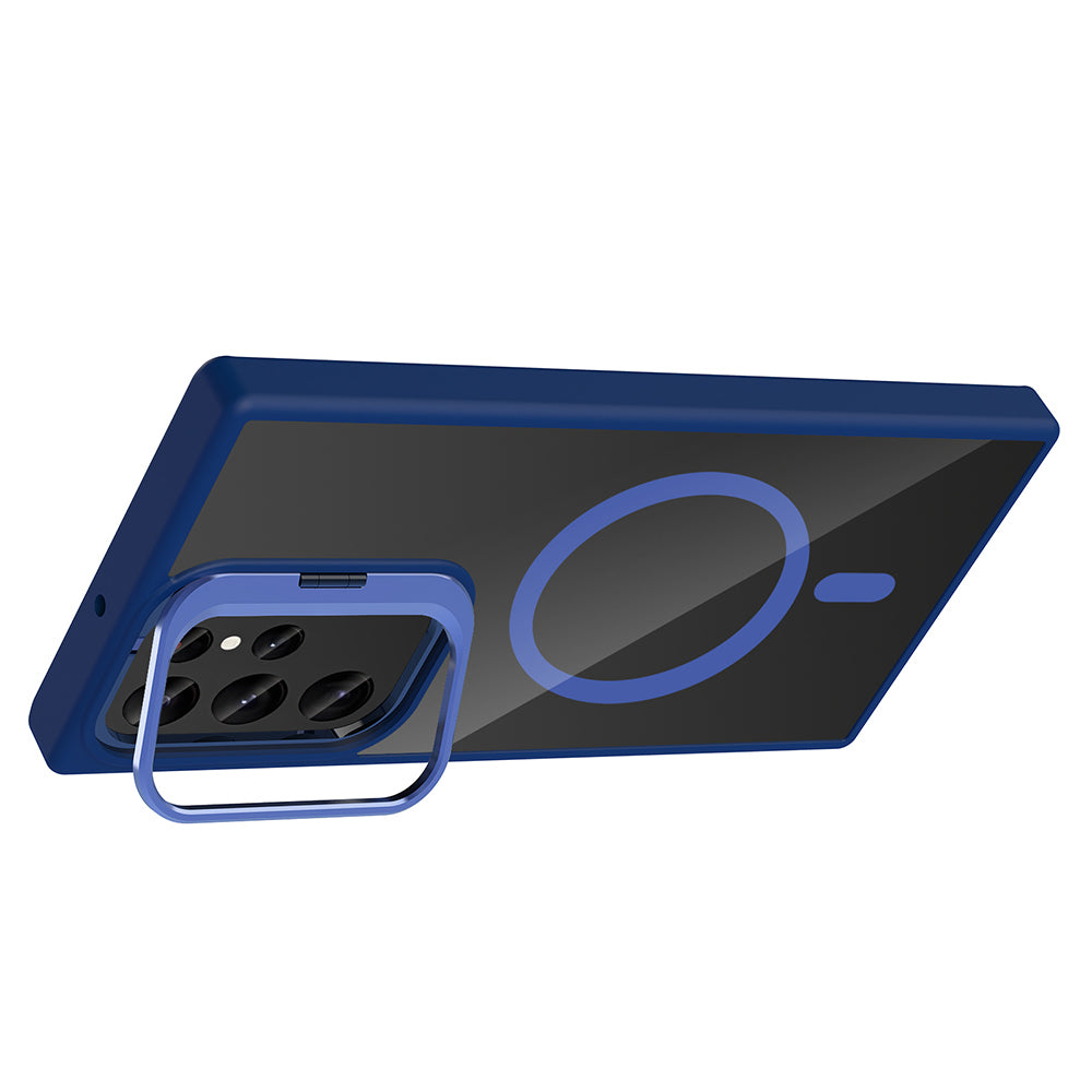 Galaxy S22 Ultra Kılıf Standlı ve Kamera Lens Hediyeli M-Safe Şarj Özellikli Zore Etro Kapak Lacivert