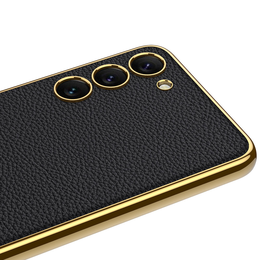 Galaxy S23 Kılıf Deri Görünümlü Kenarları Elektroplating Kaplama Zore Fizyon Kapak Pembe