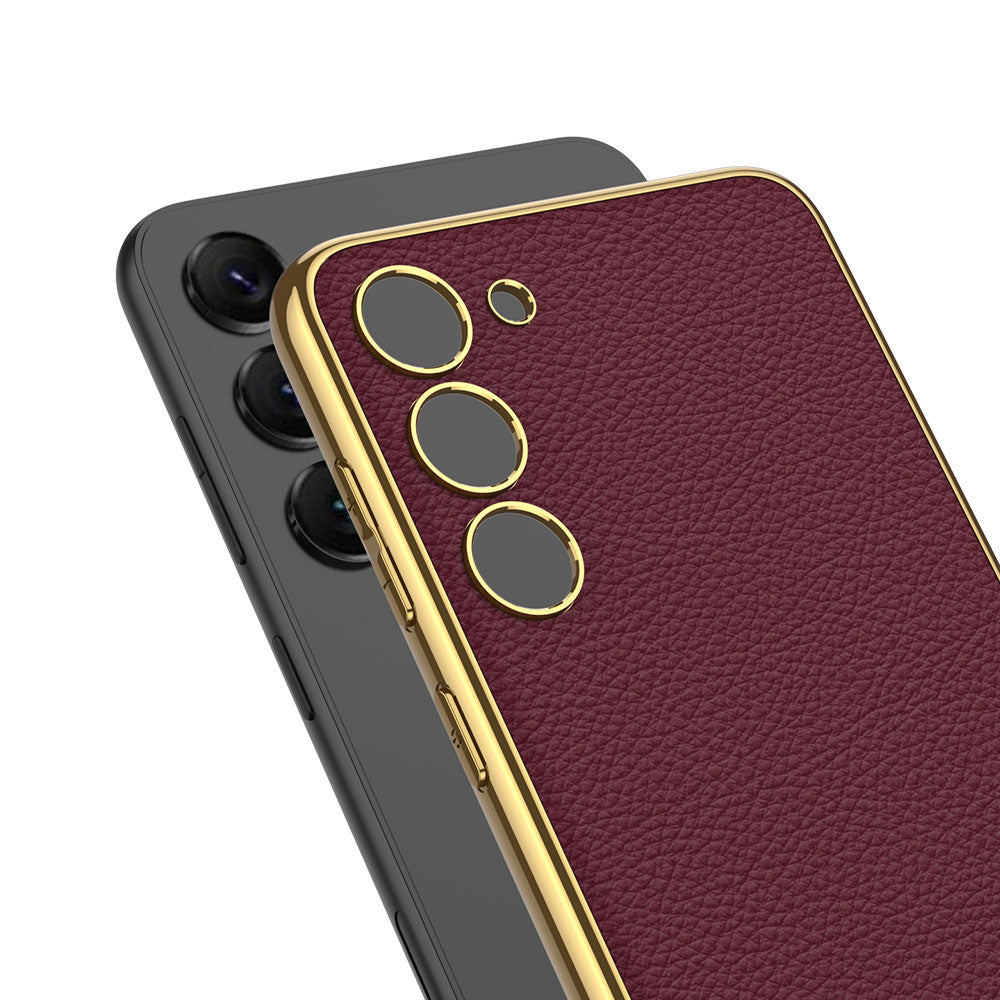 Galaxy S23 Kılıf Deri Görünümlü Kenarları Elektroplating Kaplama Zore Fizyon Kapak Pembe