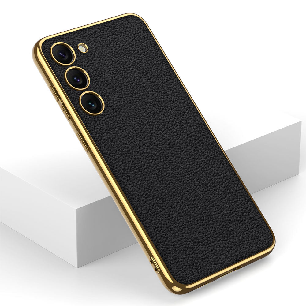 Galaxy S23 Kılıf Deri Görünümlü Kenarları Elektroplating Kaplama Zore Fizyon Kapak Pembe