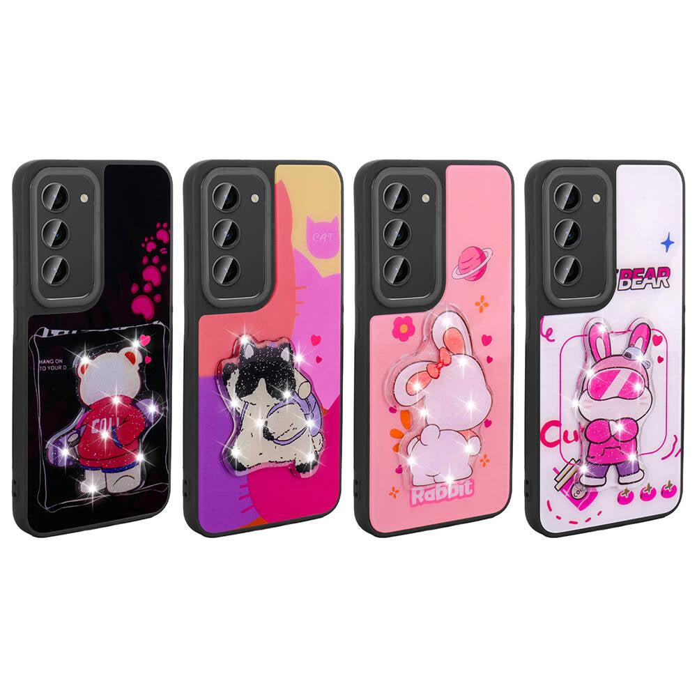 Galaxy S23 Kılıf Parlayan Kabartmalı İkonik Figürlü Zore Amas Silikon Kapak Mor