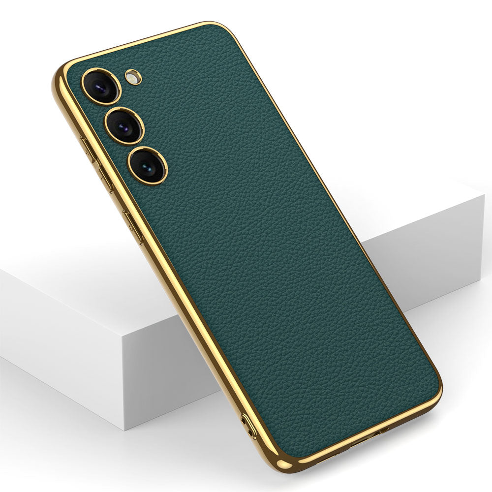 Galaxy S23 Plus Kılıf Deri Görünümlü Kenarları Elektroplating Kaplama Zore Fizyon Kapak Siyah