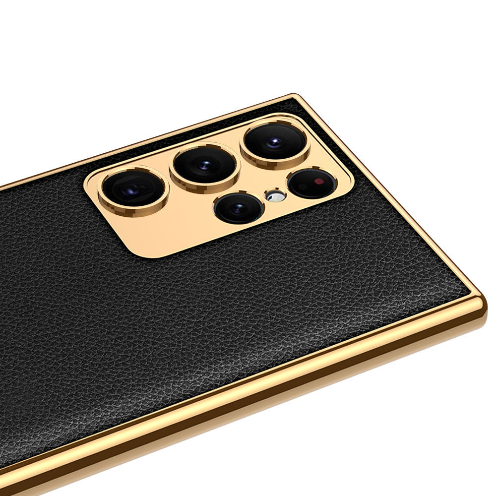 Galaxy S23 Ultra Kılıf Deri Görünümlü Kenarları Elektroplating Kaplama Zore Fizyon Kapak Kırmızı