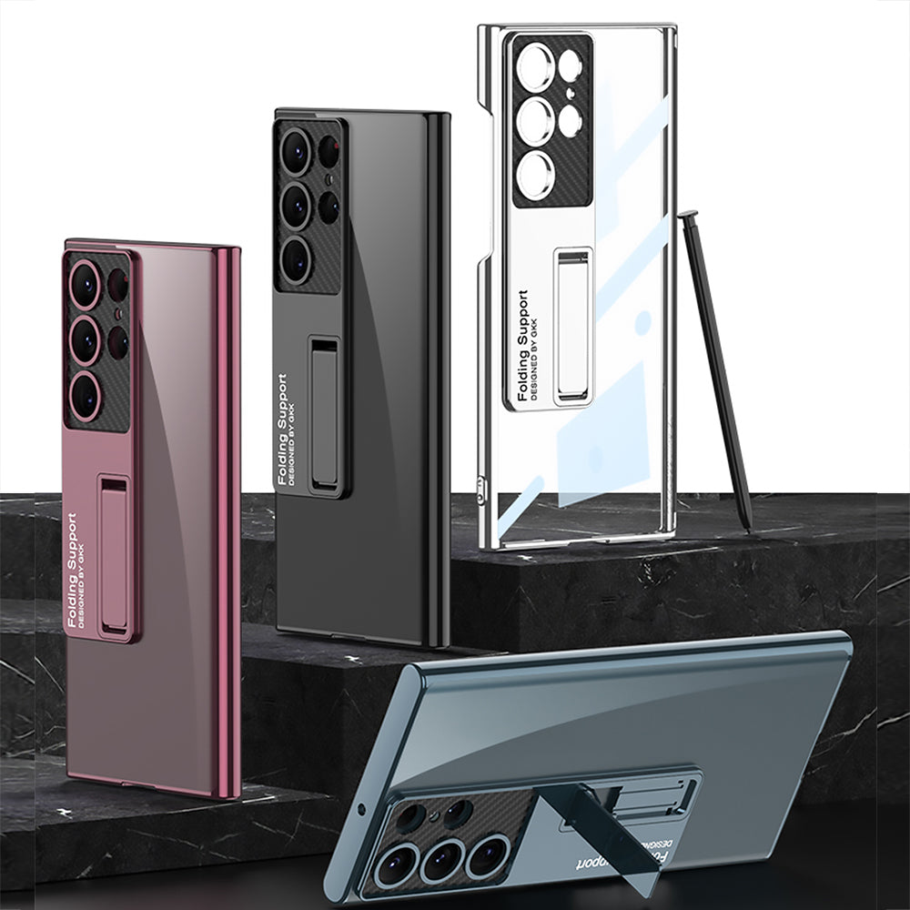 Galaxy S23 Ultra Kılıf Kamera Korumalı Şeffaf Tasarımlı Zore Lego Standlı Kapak Mürdüm