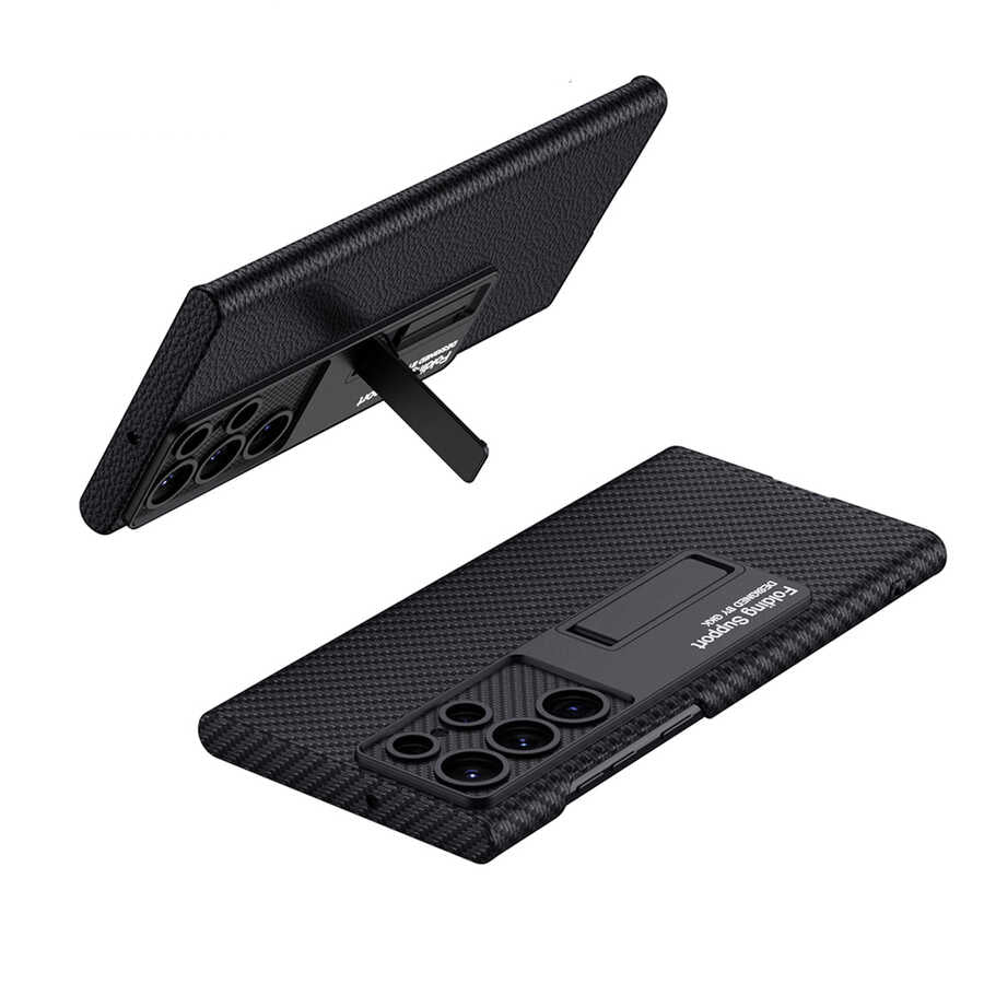 Galaxy S23 Ultra Kılıf Zore Kıpta Standlı Kapak Siyah Karbon