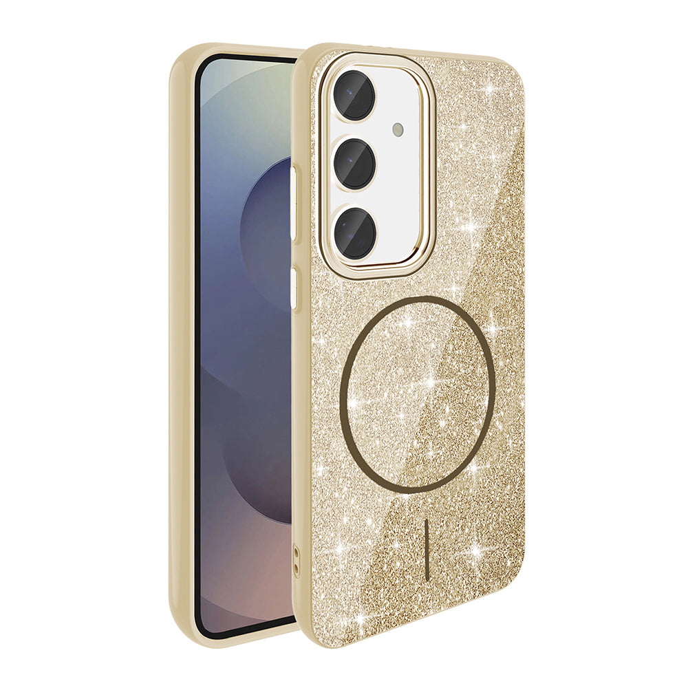 Galaxy S24 FE Kılıf M-safe Şarj Özellikli Parlayan Simli Zore Okso Kapak Gold