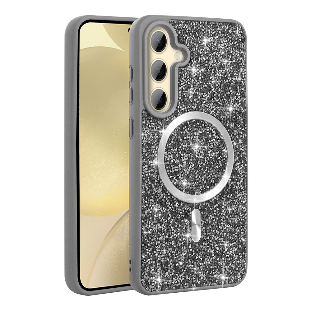 Galaxy S24 FE Kılıf Pırlanta Tasarımlı M-safe Şarj Özellikli Zore Mozaik Silikon Kapak Titanyum-Gri